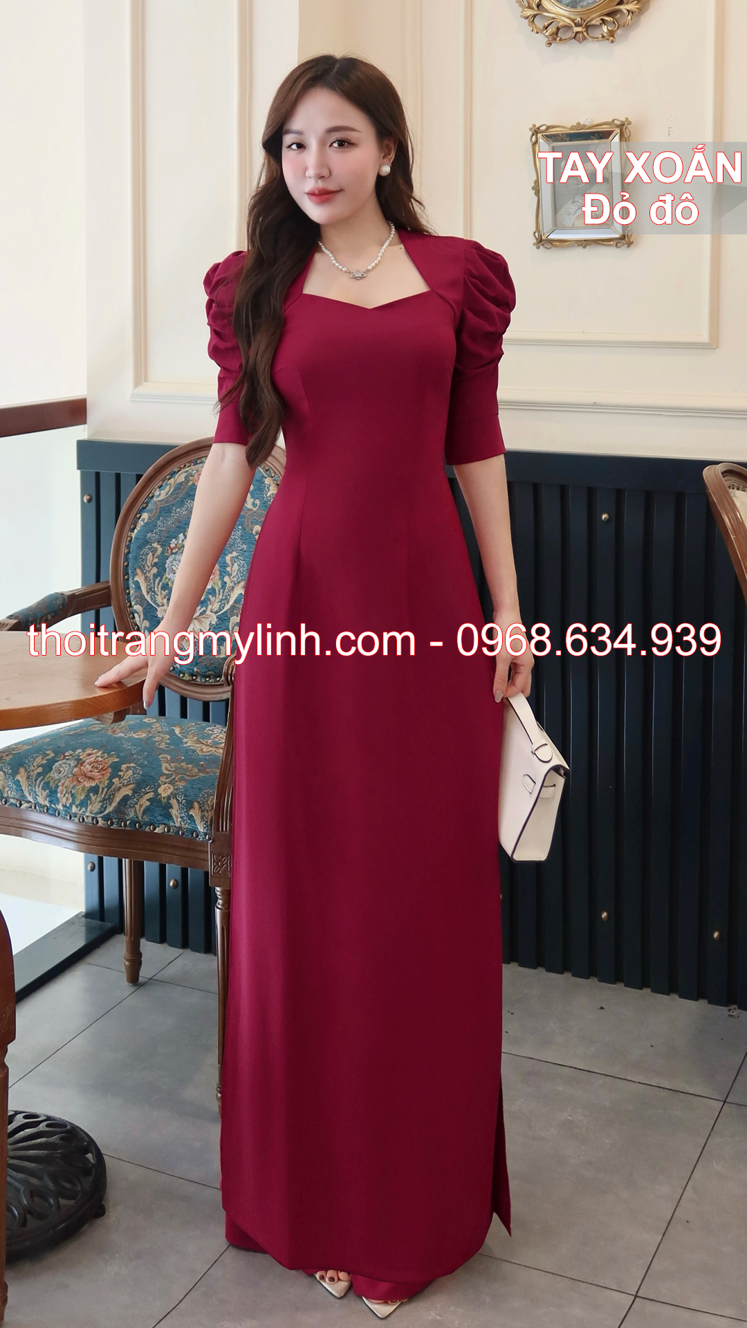 Bộ áo dài cổ nữ hoàng tay xoắn đỏ đô